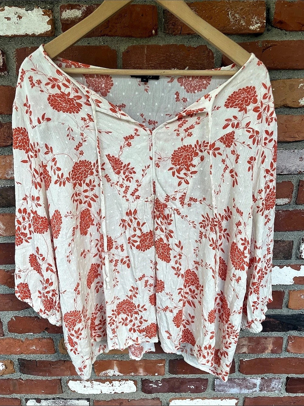 peasant flowy Fall burnt orange and cream polkadot Floral Blouse  Size 1X
